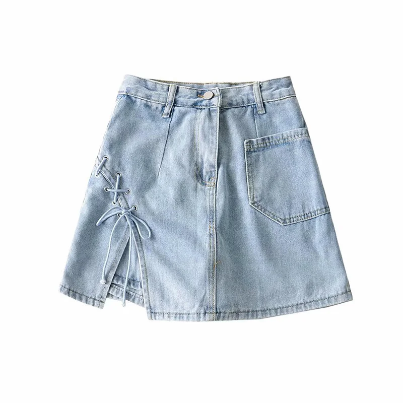 

Lace-up Denim Skirt Women's Anti-glare Short Skirt 2021 Summer New High-waist All-match Split A-line Skirt Ustyle0275