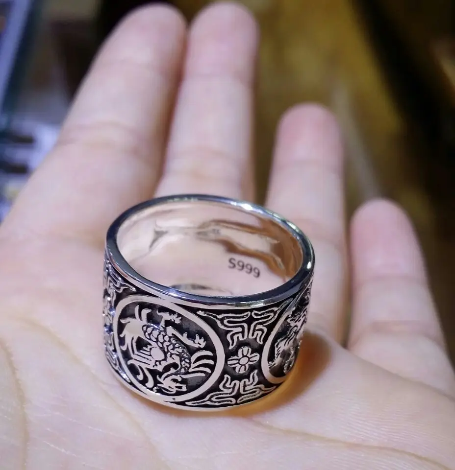 

Solid Fine 999 Silver Ring Men 15mm Wide Band Carved Dragon Tiger Bird Cooll Fahsion 999 Silver Jewelry Men Gifts Large Size 13