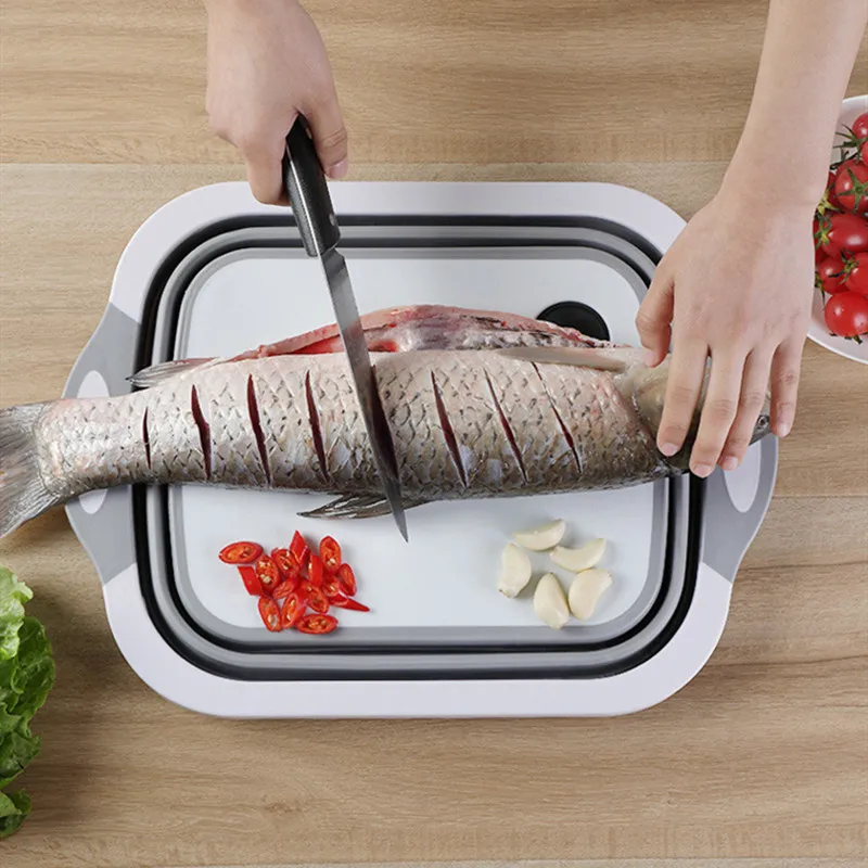 

Foldable Multi-function 3 In 1 Folding Cutting Board Kitchen Foldable Drain Chopping Blocks Washing Basket Kitchen Organizer