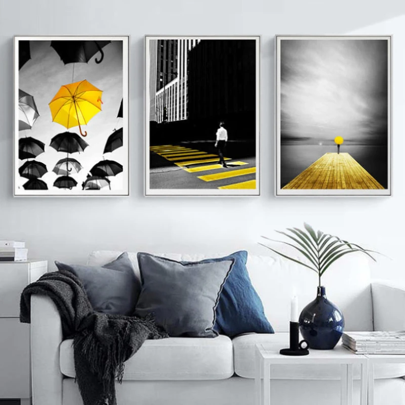 

Yellow Abstract Black and White Fashion Modern Poster Living Room Bedroom Home Decoration Frameless Printing Canvas Painting