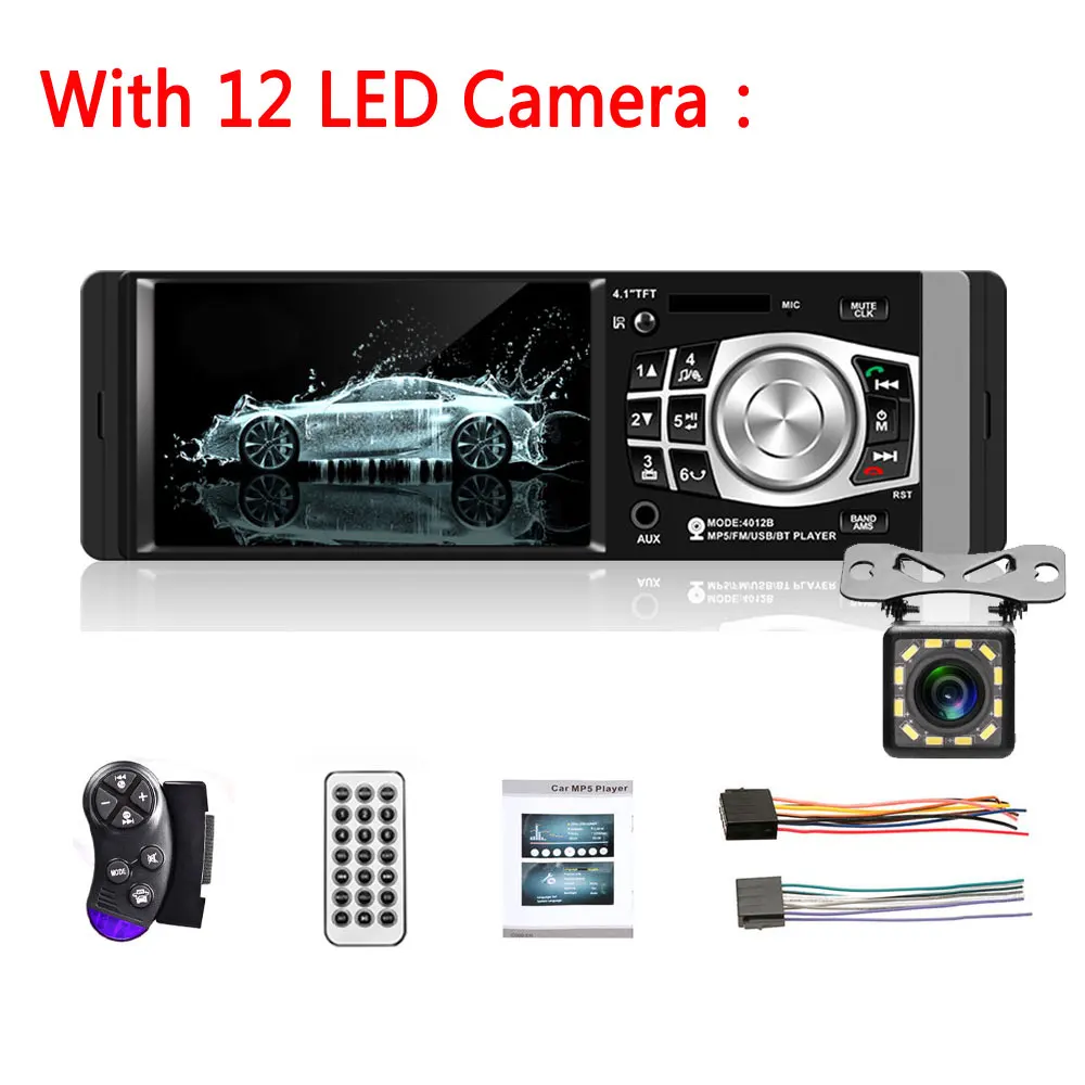 Podofo 1 Din автомагнитола 4,1 ''HD Автомобильный мультимедийный плеер MP3 MP5 Аудио стерео радио Bluetooth FM пульт дистанционного управления видео плеер - Цвет: With 12 LED Camera