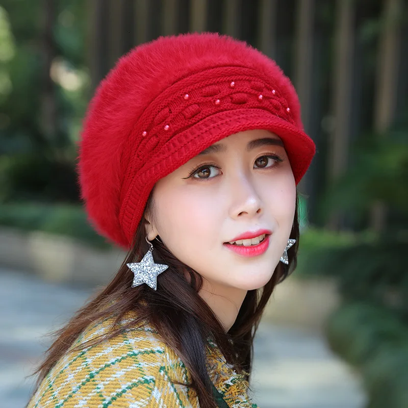 Женская зимняя шапка из кроличьего меха вязаные береты шапки жемчужные бусины
