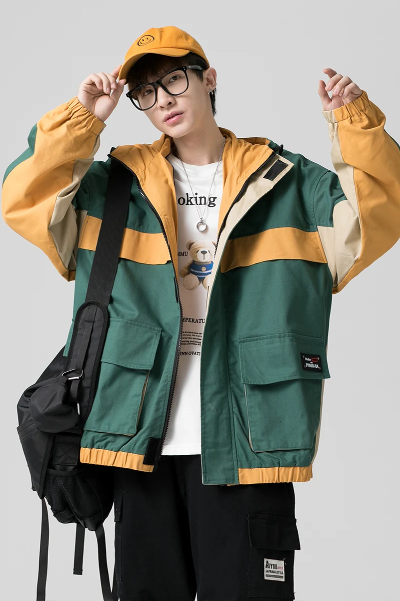 

Autumn New Large Size Hooded Jacket Loose Contrast Color Stitching Jacket Men Japanese Streetwear Mens Jackets and Coats