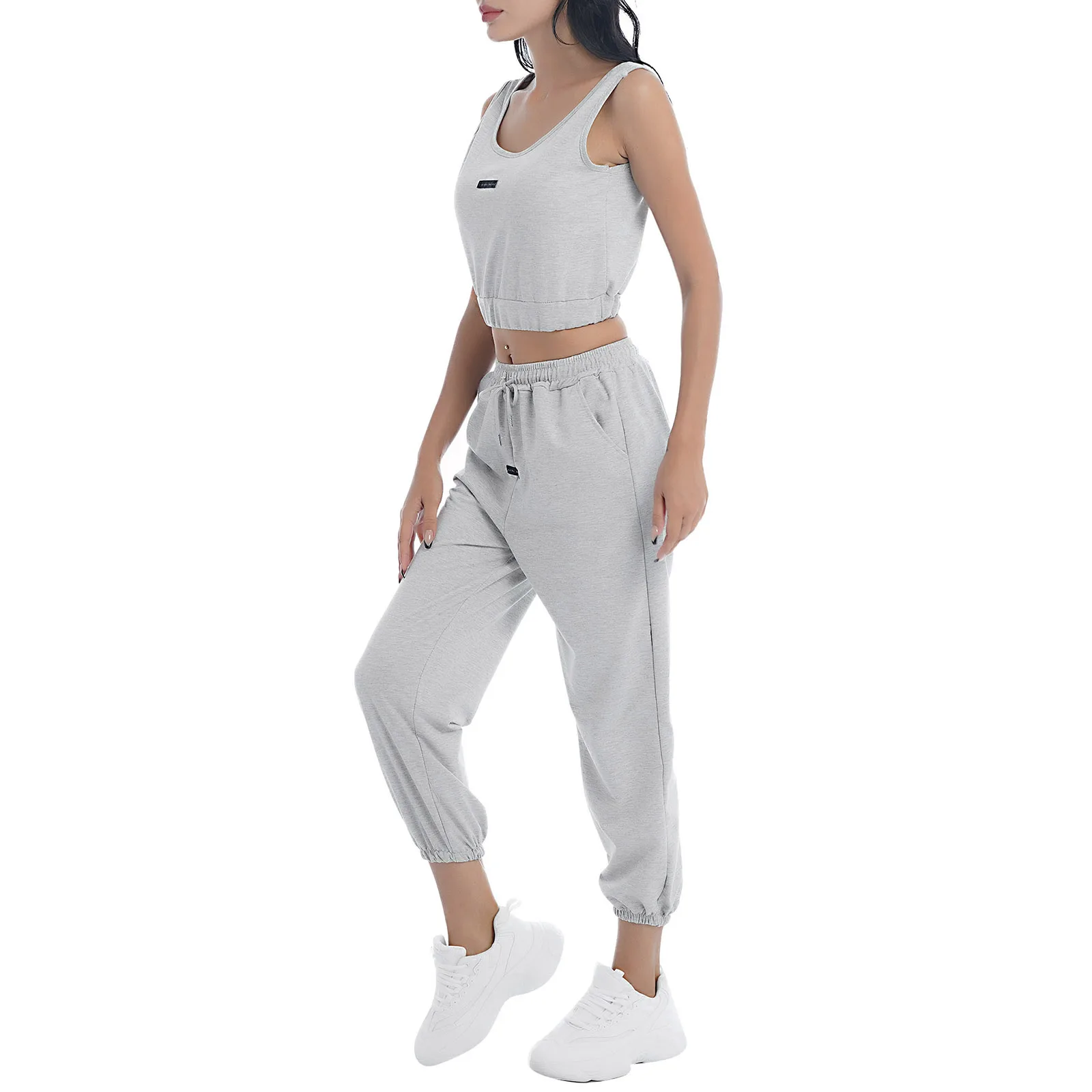 Women 2Pcs Pajama Set Cotton Sleeveless Cropped Top Vest with Drawstring Pants Pjs Sets Running Gym Yoga Fitness Sportswear