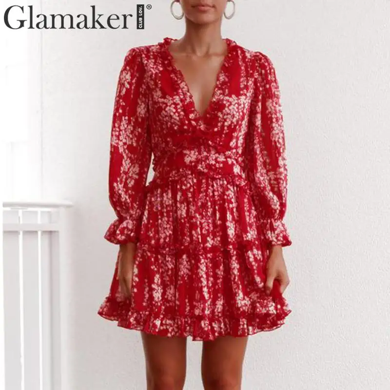 Glamaker, сексуальное платье с принтом, с рюшами, для женщин, Осенние, вечерние, короткое, элегантное платье, зима, фонарь, рукав, v-образный вырез, бодикон, платье с цветочным рисунком