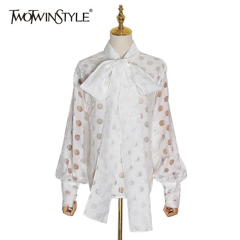 Женская рубашка с бантом TWOTWINSTYLE Повседневная в горошек длинным рукавом весна