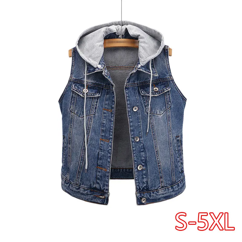 

Women Short Denim Vest Detachable Hooded Coat Spring 2021 Slim Side pockets Sleeveless Jeans Jacket Casual Outwear Plus Size 5XL