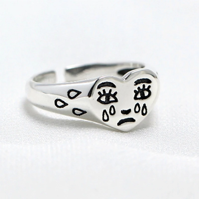 

925 Sterling Silver Creative Crying Face Tear Ring Neutral Retro Fashion Jewelry