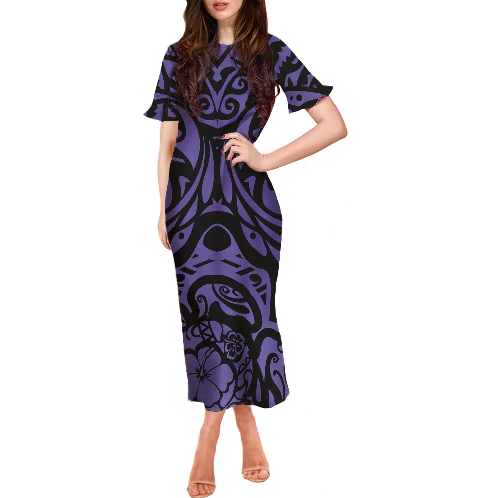 

HYCOOL 2021 New Style Hot Sale Plus Size Women Polynesian Clothes Tribal Print Ruffle Maxi Dresses Short Sleeve Maxi Dress Women