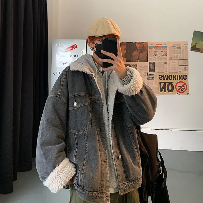 Winter Thick Denim Jacket Men's Parka Warm Fashion Lamb Fur Coat Men Streetwear Wild Loose Casual Short Coat Men Clothes M-2XL