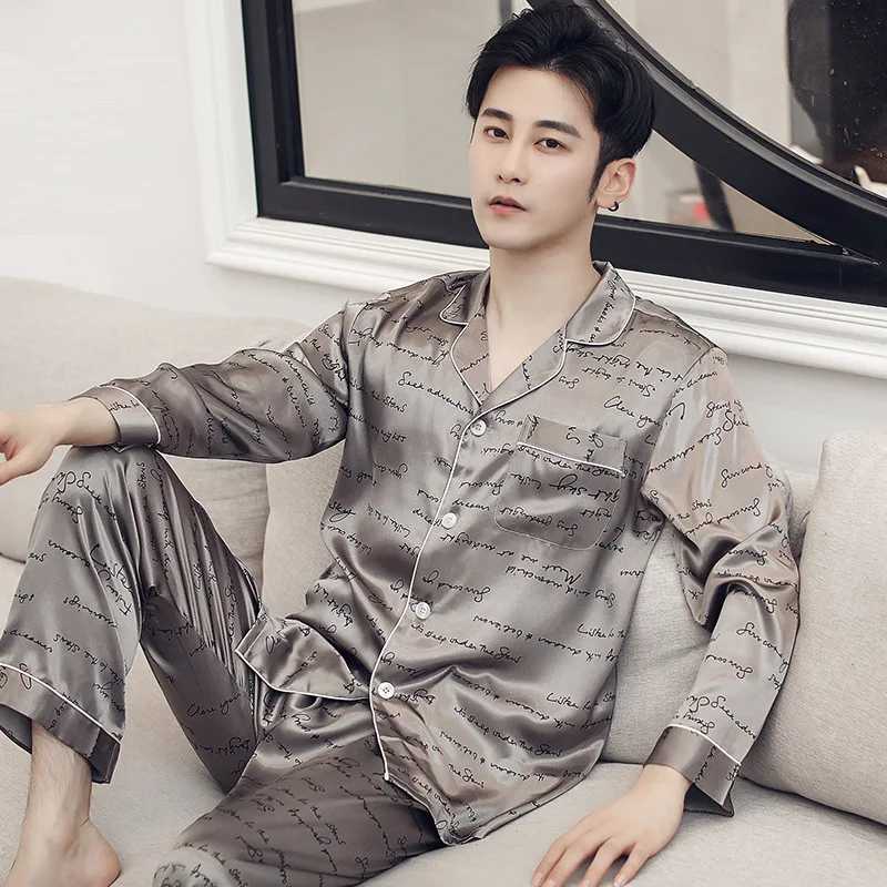 2020 High quality pajamas for men: Spring and Autumn Long sleeve imitation silk for youth: Autumn and winter Home and summer ice