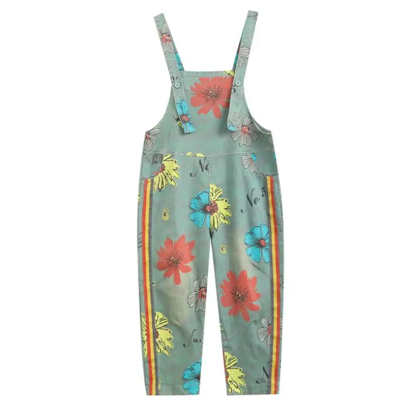 

European Designer 2021 Womens Printed Denim Jumpsuit Overalls Ladies Vintage Jeans Rompers Female Oversized Pants p150