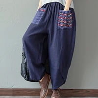 national style cotton and linen wide leg pants elastic waist casual loose ladies trousers