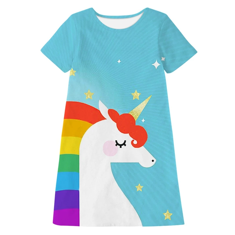 

OneLineFox Fashion Dress Girl Summer Animal Print Kids Dresses for Girls Rainbow Unicorn Party Princess Dress Children Clothes