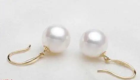 

Free shipping 1 pair of huge AAA+10-11mm round south sea white pearl earring 14 gold