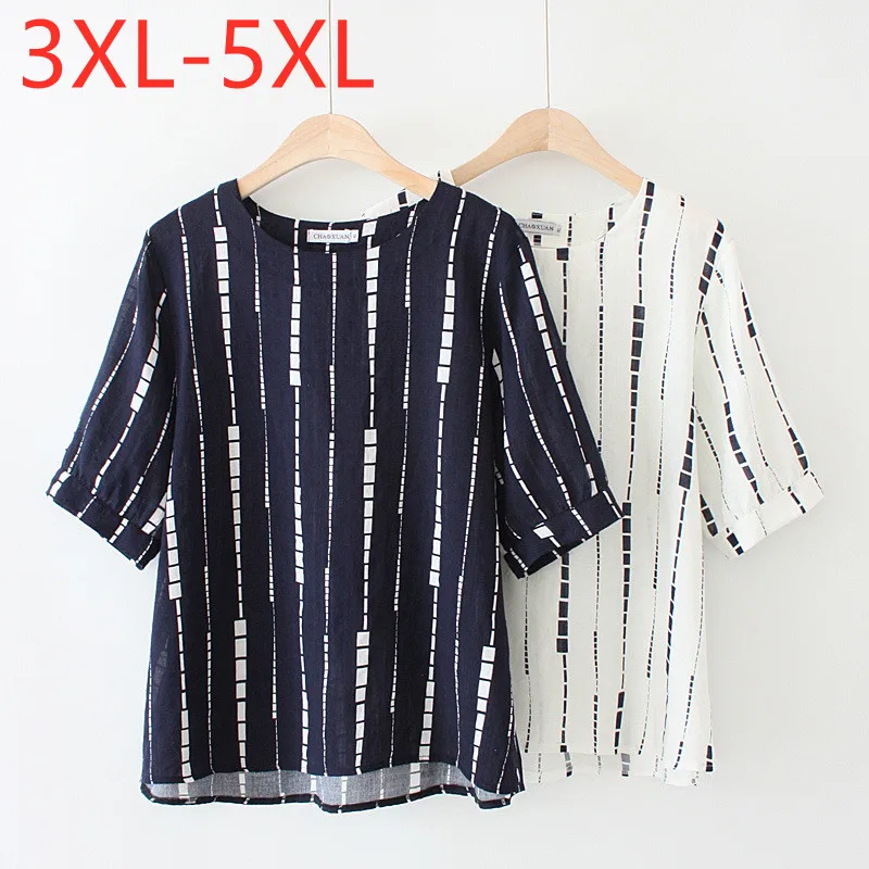 

Женская хлопковая футболка, большие размеры 3XL, 4XL, 5XL, с коротким рукавом и круглым вырезом, свободная, в белую и синюю полоску, на лето, 2021