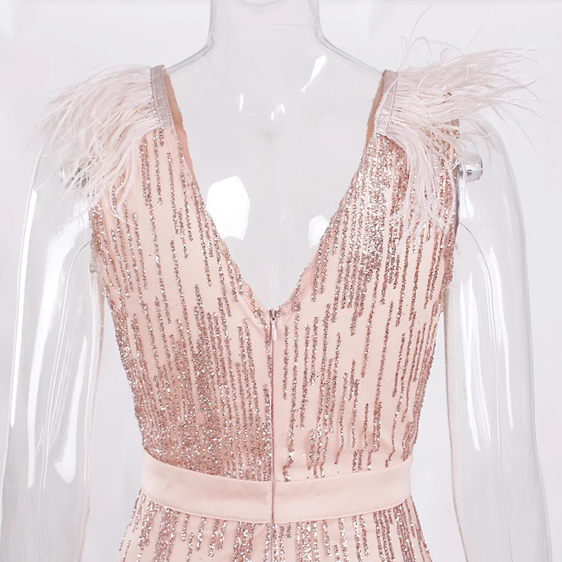 Розовое блестящее лоскутное перо Макси платье сексуальное Глубокий v-образный вырез Сплит ноги для вечеринки без рукавов платье