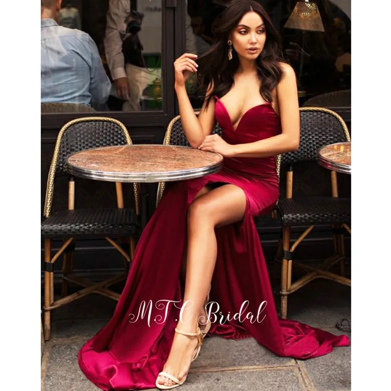 

Sexy Red Mermaid Long Evening Dress High Slit Sweetheart Elastic Satin Simple Prom Gowns 2019 Hot Selling Wedding Party Dresses