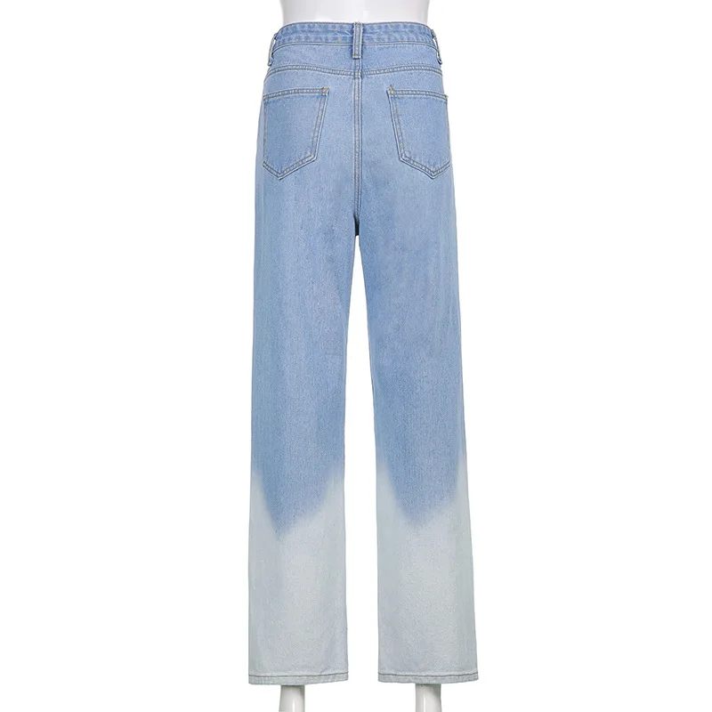 

WEPBEL High Waist Jeans Women's Casual Pocket Gradient Color Loose Jeans Summer Fashion Button Denim Straight-Leg Pants