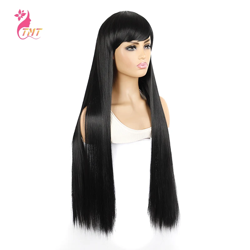 

Long Straight Synthetic Hair Wig For Women 30'' Long Straight Wigs With Bangs Heat Restant Fiber Natural Looking Black Wig