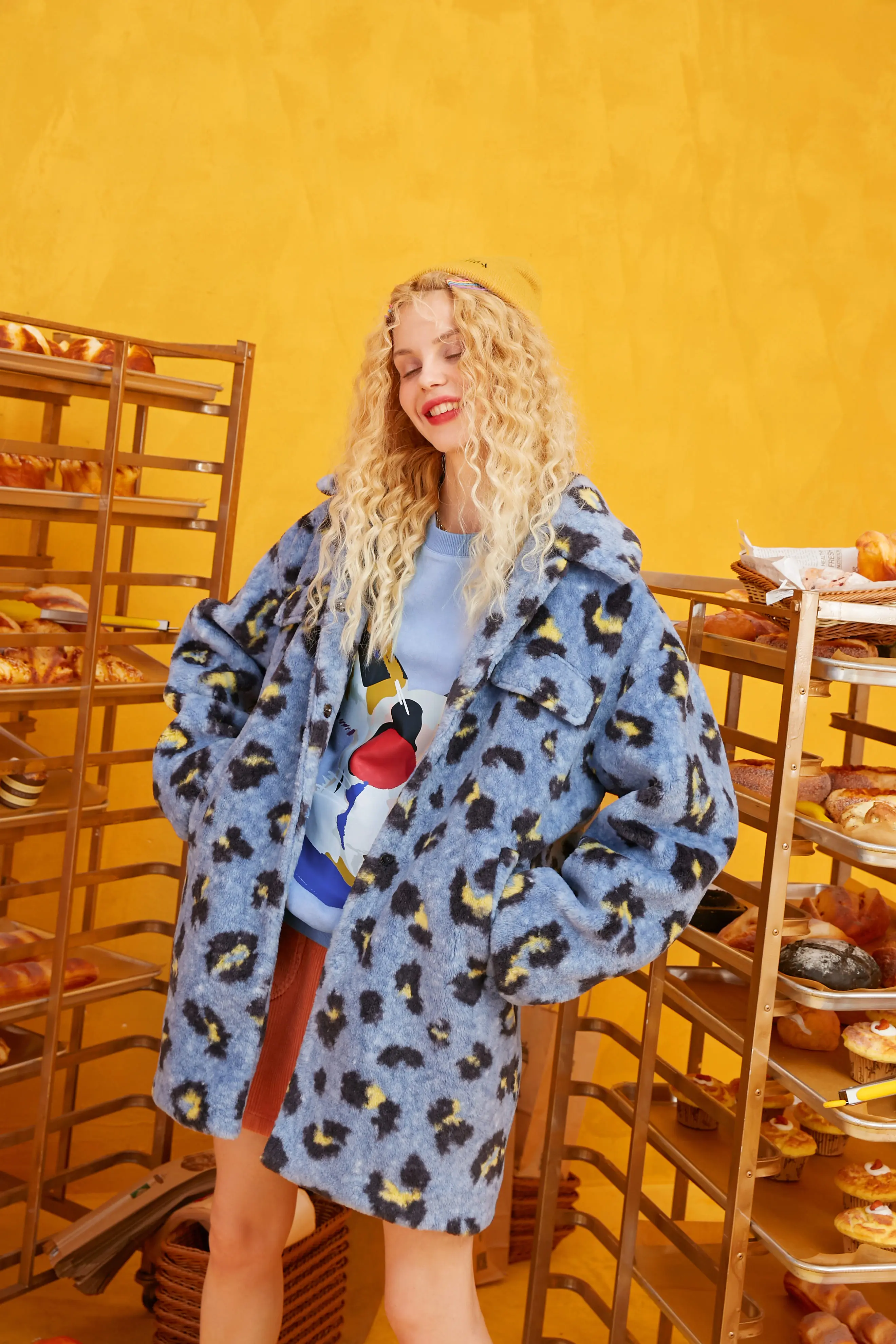 Женское прямое шерстяное пальто ELFSACK синее повседневное однобортное с