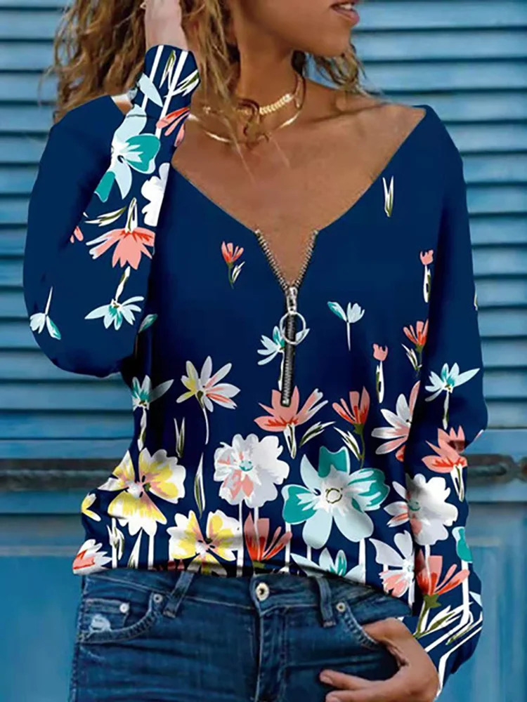 Женская футболка с длинным рукавом, V-образным вырезом и цветочным принтом
