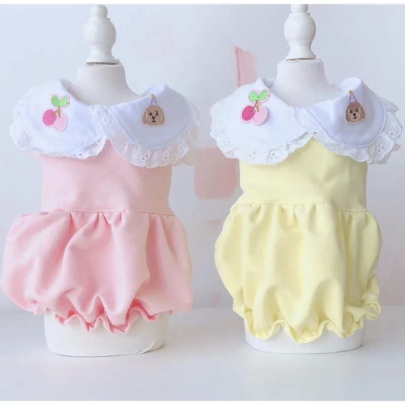 

Cute Pet Dress for Girls Lapel Flower Bud Skirt Summer Short Bubble Sleeves For Small Dogs Evening Party Dress Pet Cat Clothing