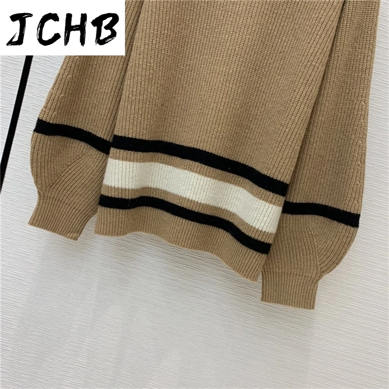 

100% Autumn Shirt2021 Winter Cashmere Women New Elegant Long Lantern Sleeve Loose Striped High Neck Sweater