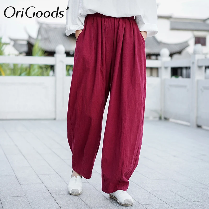 Оригинальные женские бриджи из хлопка и льна свободные брюки с эластичным поясом