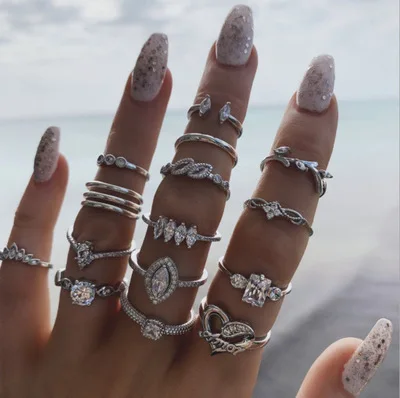 

15Pcs/Set Personality Geometric Rings Fashion Jewelry Decorations For Girls Europe And America Bohemian Luxury Style 2021