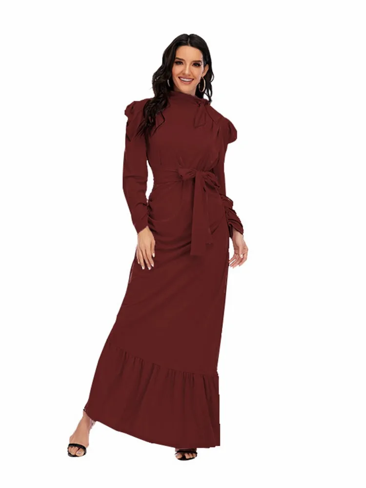 

2021 New Style Dress Fashion Casual Women's Dress Long Skirt Small High Collar Long Sleeve Pleated Slim Irregular Hem Long Dress