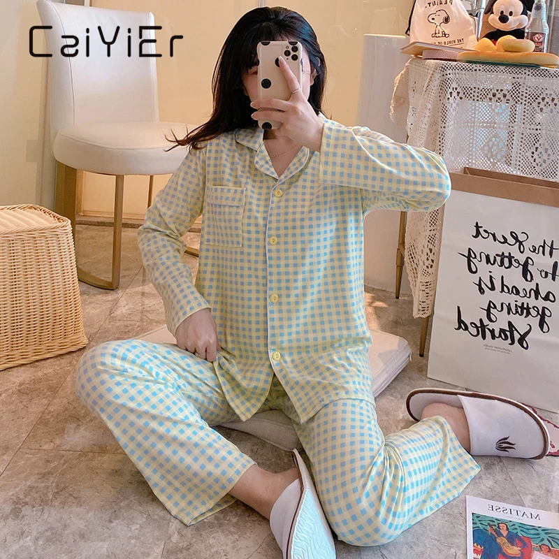 CAIYIER Winter Women Fashion Sleepwear Purple Grid Lapel Cardigan Girl Long Sleeve Leisure Pajamas Loose Nightwear Homewear Suit