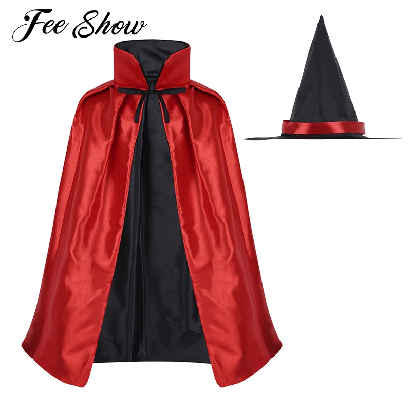 Children Halloween Costumes Wizard Witch Cloak Cape Robe With Pointy Hat Kids Girls Boys Vampire Cosplay Carnival Party Dress Up