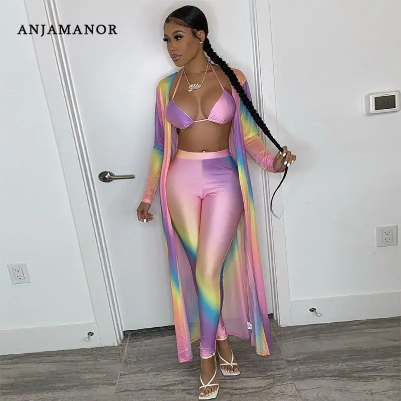 

ANJAMANOR Sexy 3 Three Piece Set Women Long Sleeve Cardigan Bikini Top Pants Suits Beach Wear Vacation Outfits Fall 2021 D35EB55