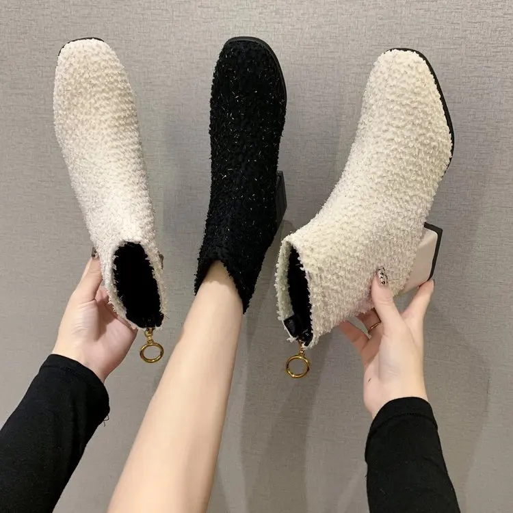 

Small Short Boots Women 2021 New Boots Autumn Mid-heel Fabric Boots Thick Heel Warm Thin Boots