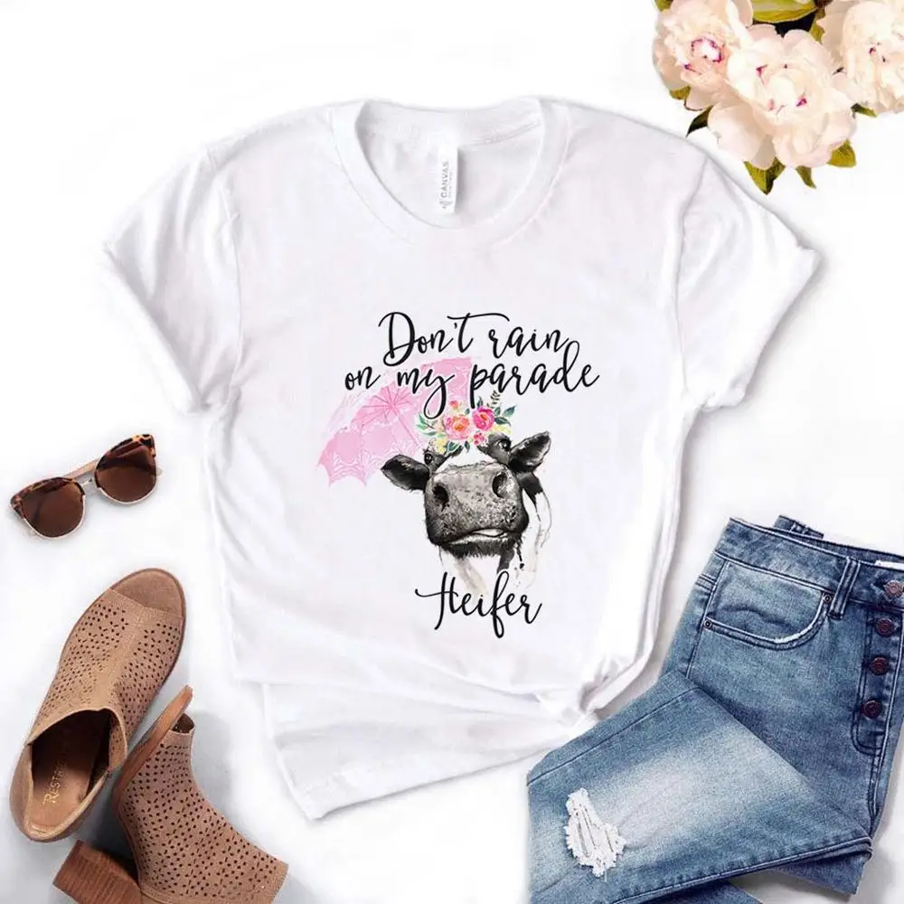 

Женская футболка «Don't Rain on My Parade Heifer», футболка с цветочным принтом, Женская свободная футболка с коротким рукавом и круглым вырезом, женская...