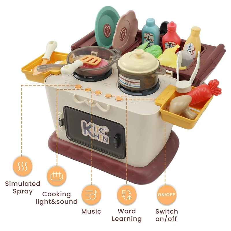 

Kitchen Play Food Kitchen Toy Sets for Kids with Spray, Music & Lights, Toddlers Pretend Play Kitchen Cooking Toys