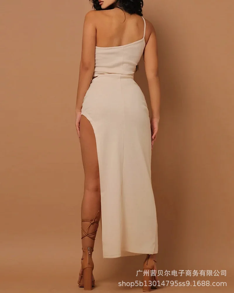 

2021 European and American new beige one-shoulder split dress
