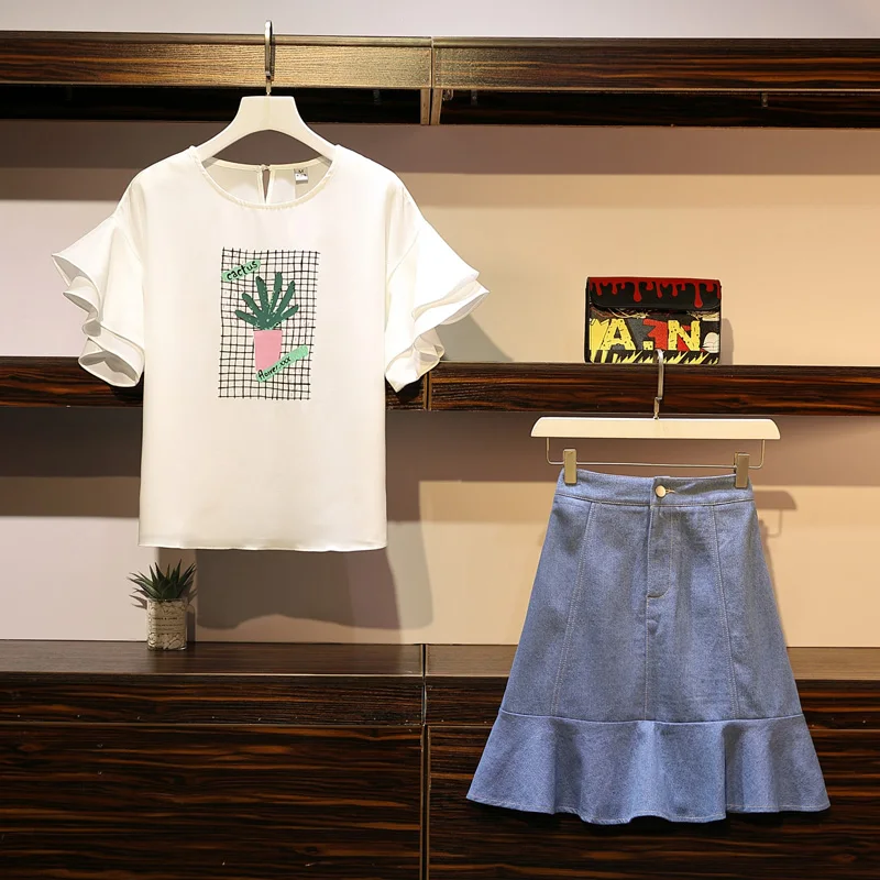 Лето 2019 большой размер женский толстый мм модный топ с принтом + джинсовая юбка