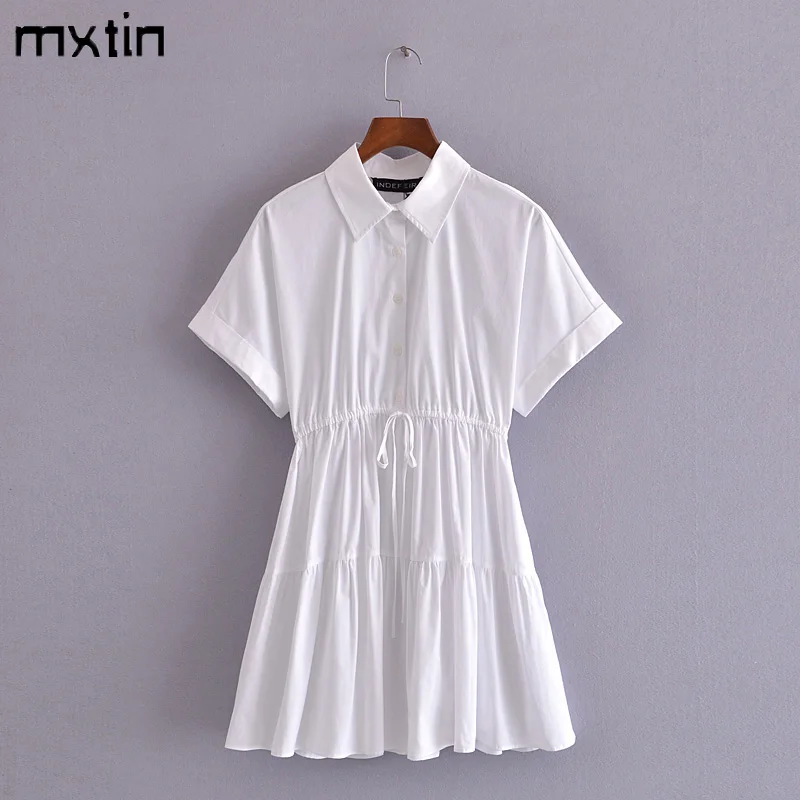 

2021 Woman Spring Fashion Solid Drawstring Tie Mini Dress Vintage Lapel Collar Short Sleeve Folds Loose Casual Sweet Dresses