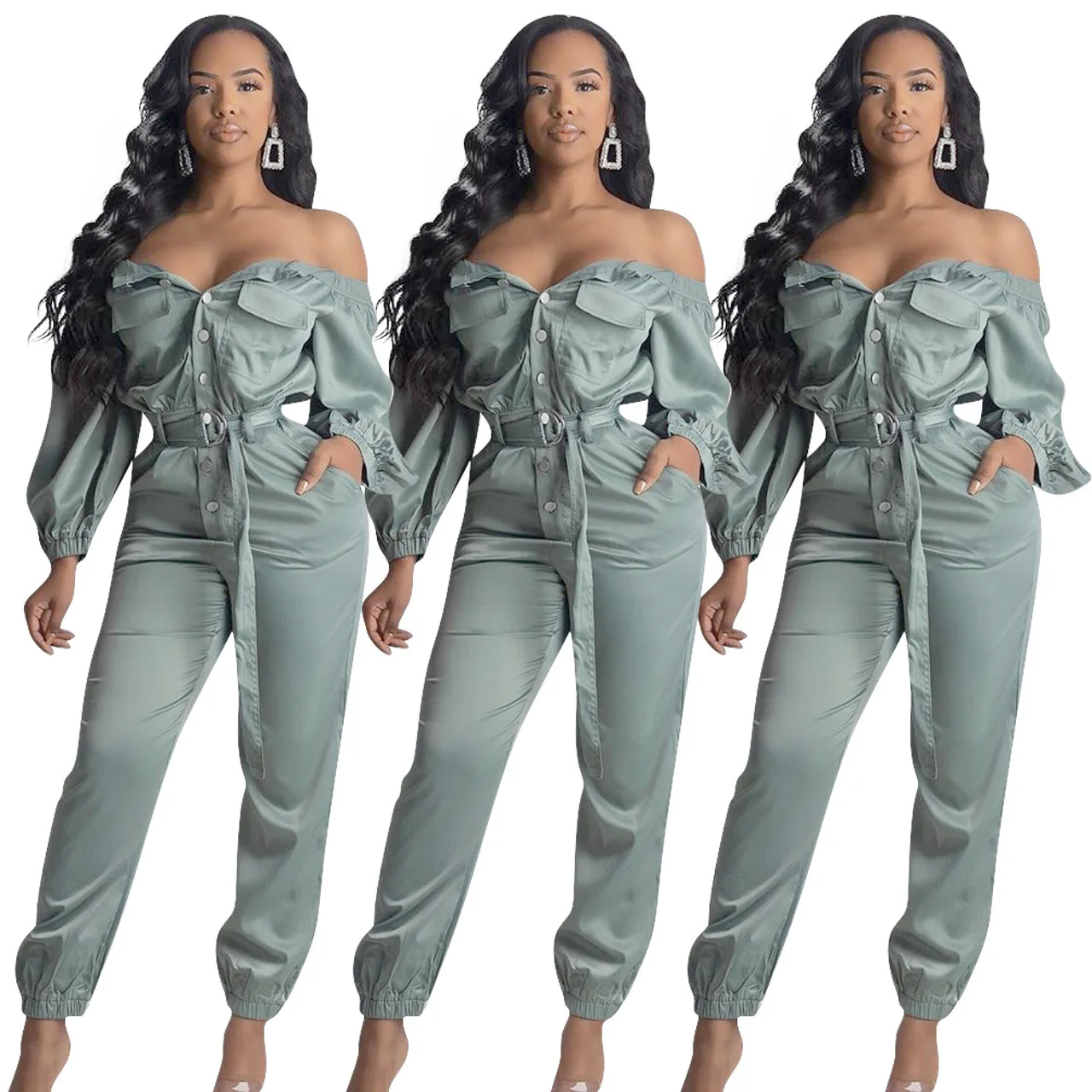 

Women Casual Streetwear Sexy Off Shoulder Bow Jumpsuits Autumn Solid Loose Ankle-length Pants Workwear Style Pants