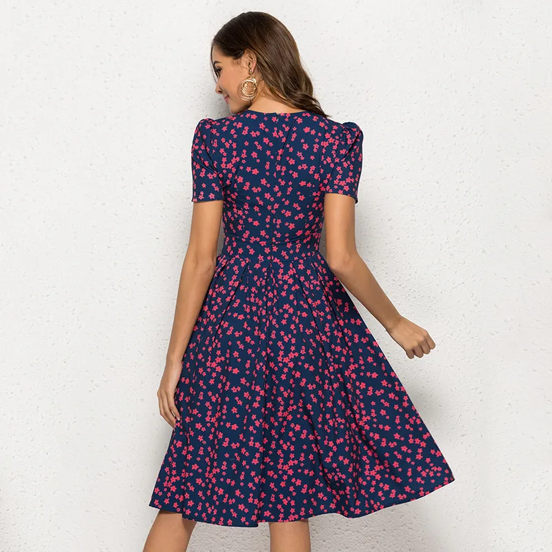 

Summer 2021 Floral Print Plus Size Dress Vintage Empire Ladies Frocks for Women Casual A-line Folds Short Sleeve Dress Vestidos