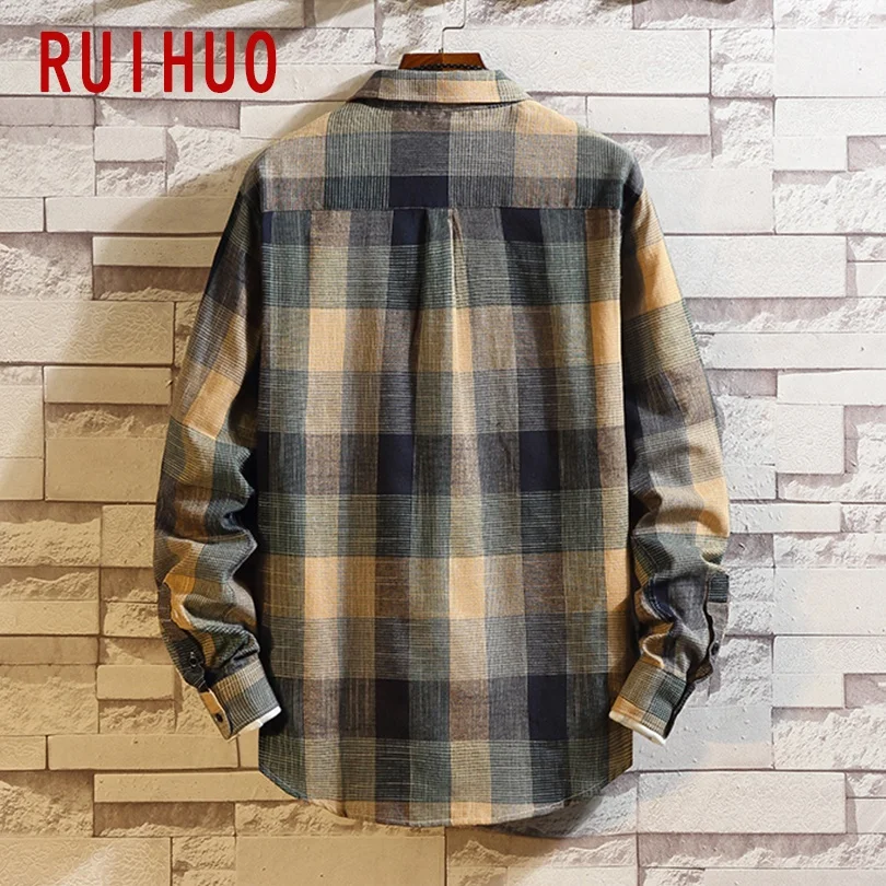 RUIHUO 2021 Новинка весны Повседневная клетчатая рубашка для мужчин Slim Fit Хлопок