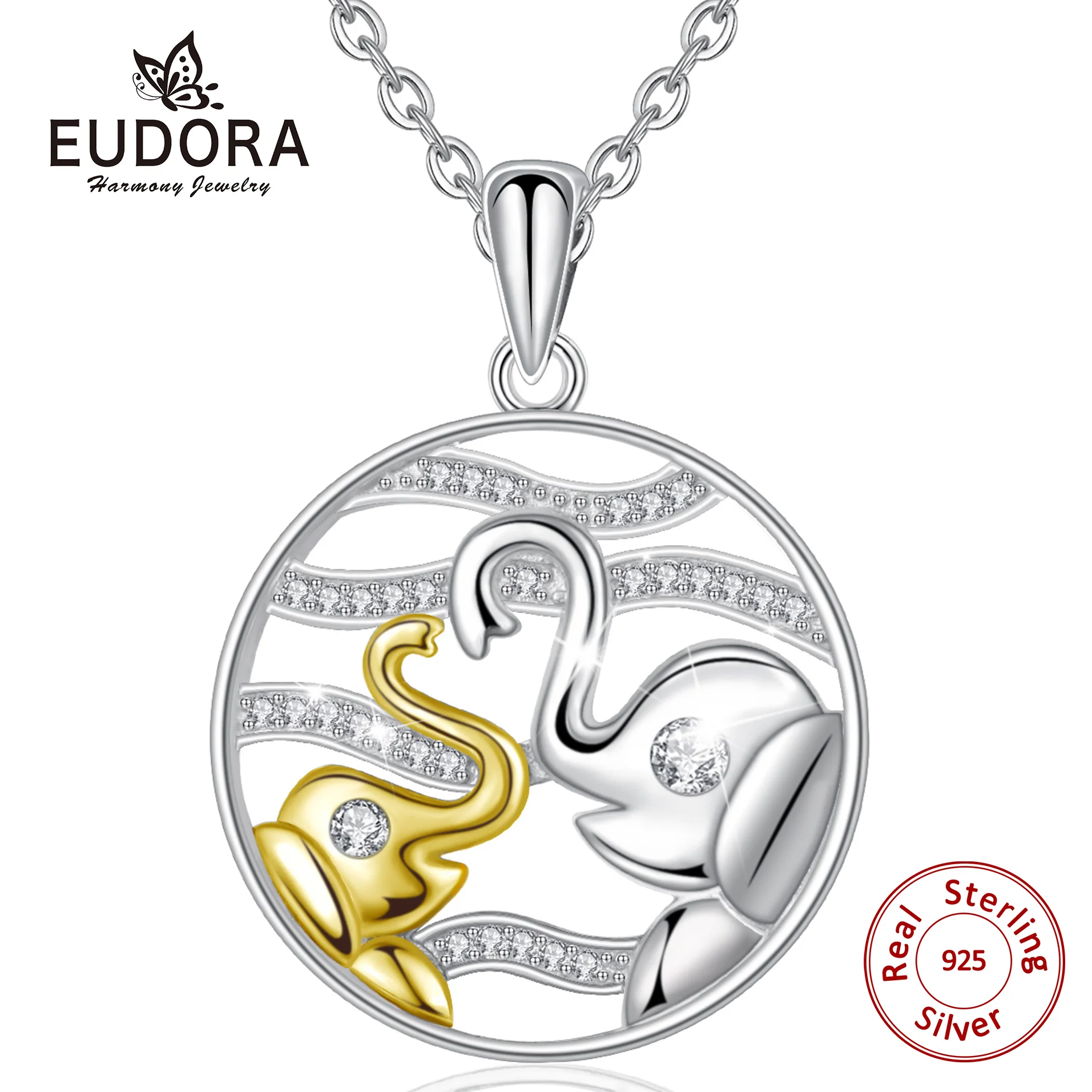 

Eudora 925 Sterling Silver Elephant and Gold Elephants Pendant necklace with AAA CZ Round statement necklaces Women Jewelry D508