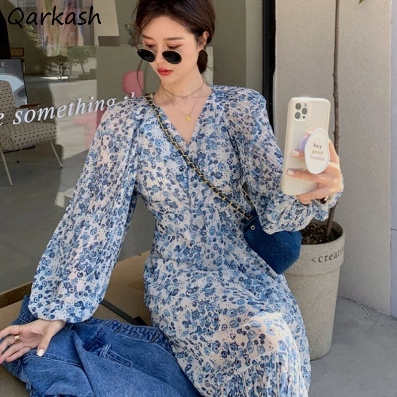 

Print Dress Women V-neck Long Sleeve Spring Lightweight French Style Retro A-line Ulzzang Holiday Casual Chiffon Vestidos Party