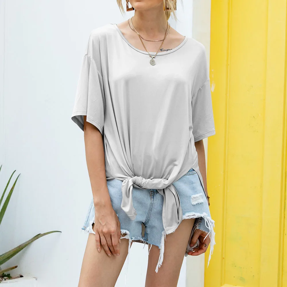 Women T-shirt Summer Fashion 2020 Short Sleeve Loose Tshirt Side Split Knot Bow Ruched Irregular Tee Shirt Tops WDC4969 | Женская одежда