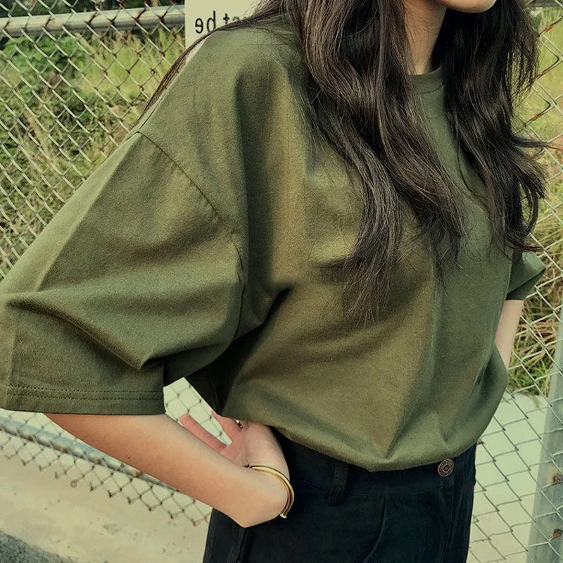 

Short Sleeve Solid Color Women T-Shirt Summer Fashion Casual O-Neck Loose Pullover Tops Female Daily Streetwear Clothes