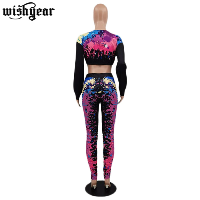 

Graffiti Print Off Shoulder V Neck Long Sleeve Crop Top and Drawstring Stacked Trousers Hip Hop Matching Sets Two Piece Suit