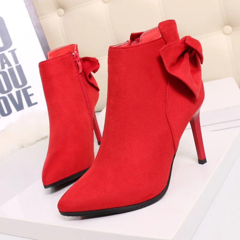 

Miss Spring Autumn Naked Boots Stiletto Bow Suede Pointed Women's Shoes Sexy Nightclub Fashion Simple Ankle Boot Bare Shoe