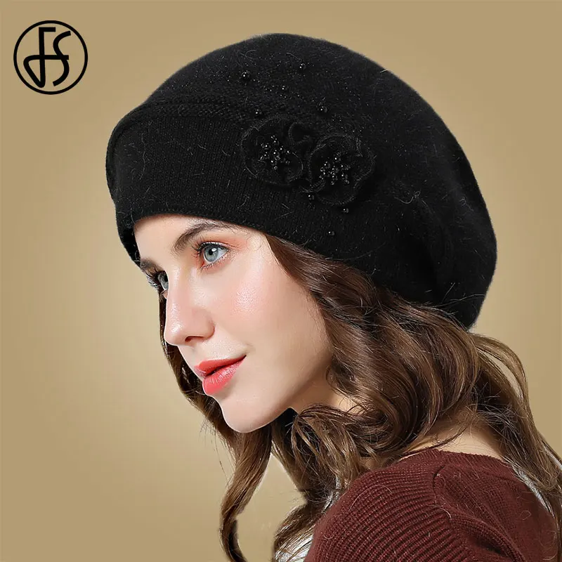 Женский вязаный берет из меха кролика FS теплый с большим цветком осенне зимний